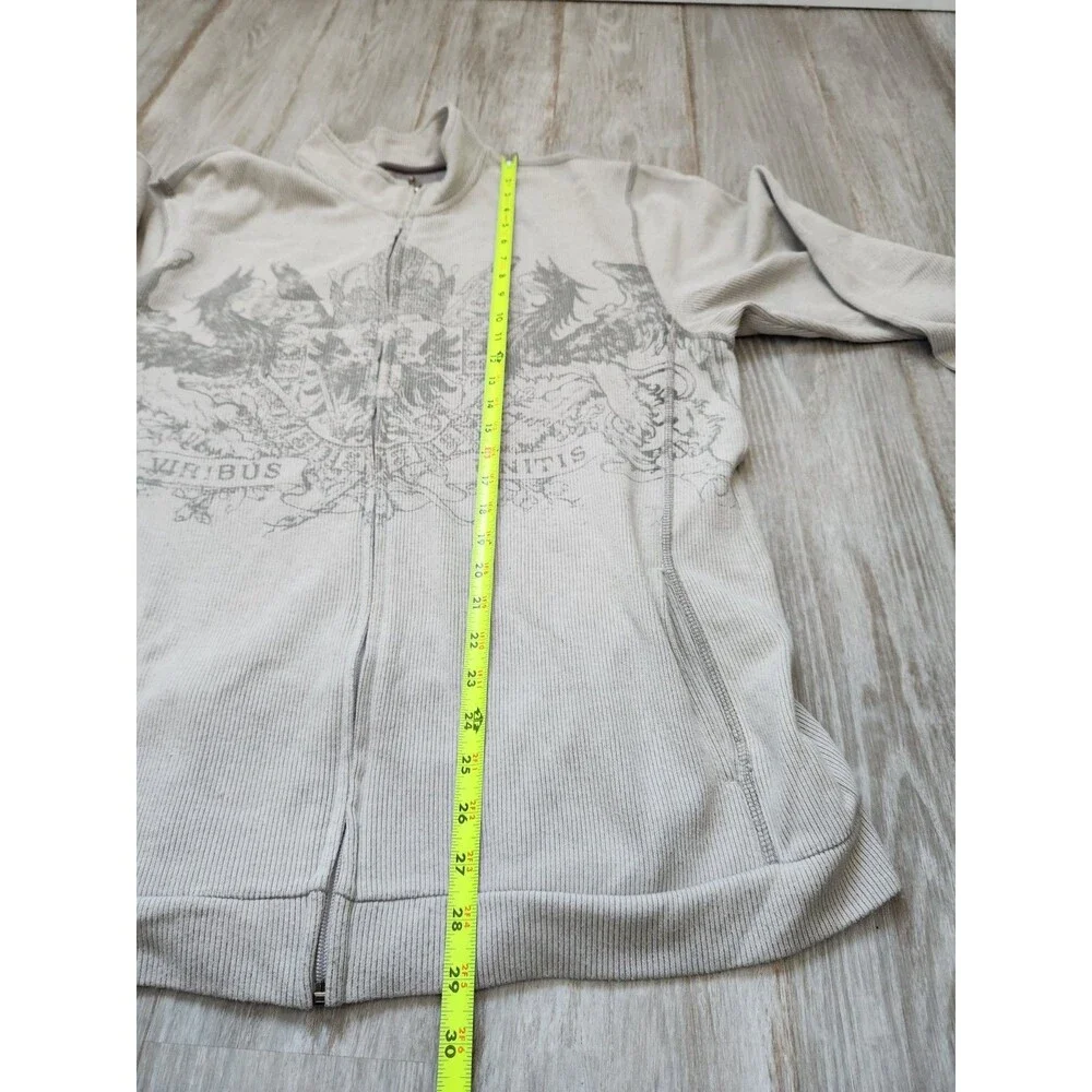 Y2K Gray Full Zip Jacket XL Ribbed Grunge Crest Graphic Viribus Unitis High Neck